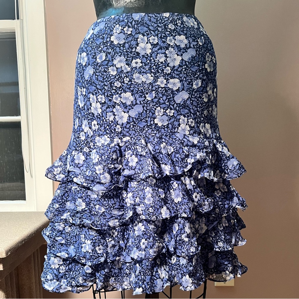 Oscar by Oscar De La Renta Blue Floral Silk Ruffle Midi Skirt Size 10